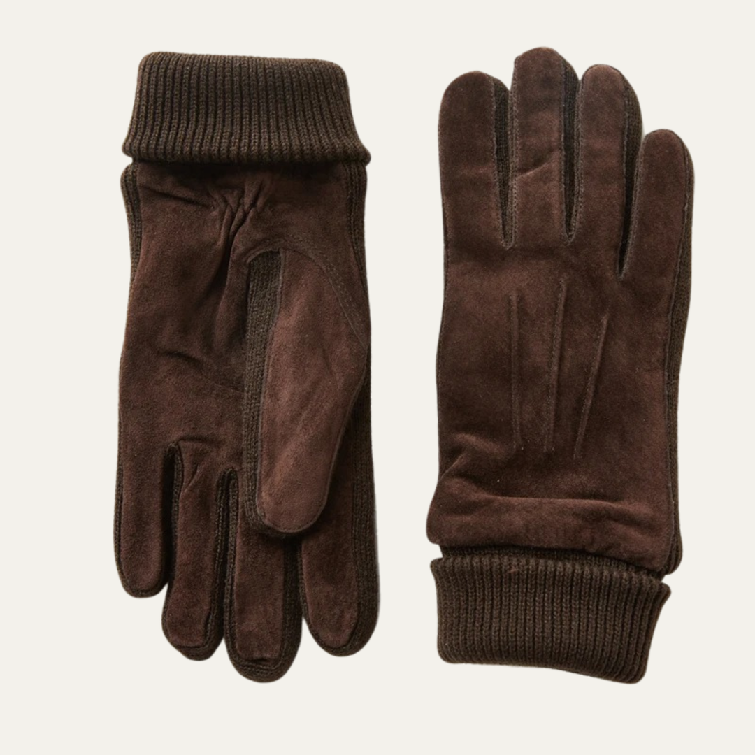 Mens Suede Gloves with Fleece Lining and Knit Cuffs