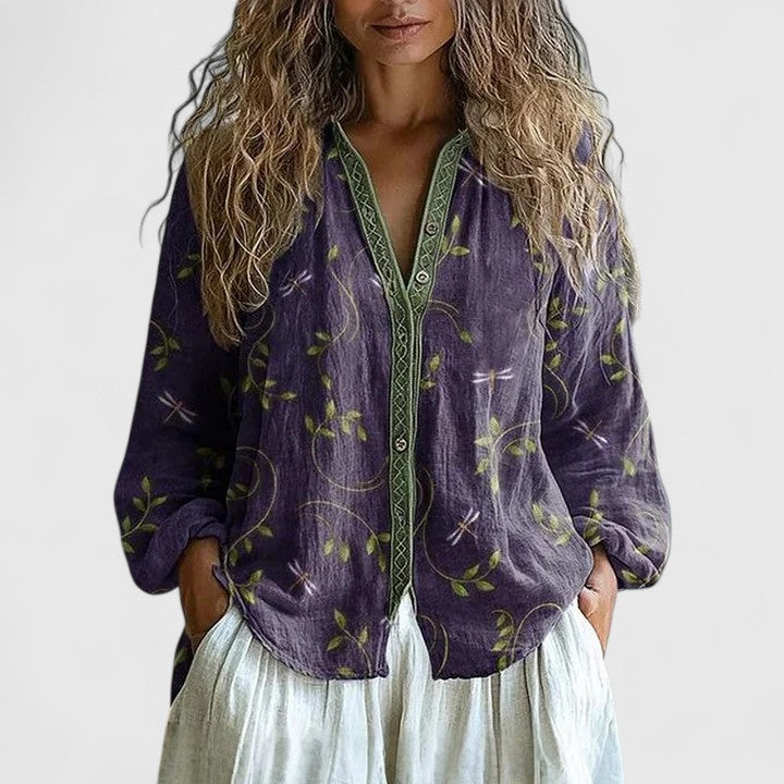 Womens Long Sleeve Shirt V-Neck Button-Up Floral Print - BritishMode