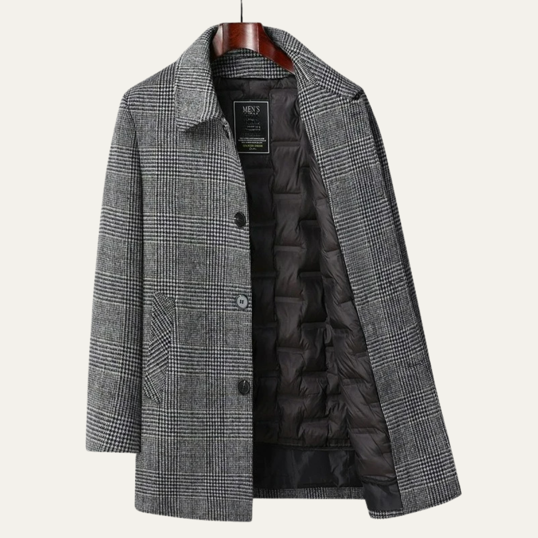 Mens Wool Blend Overcoat with Quilted Lining Plaid Pattern