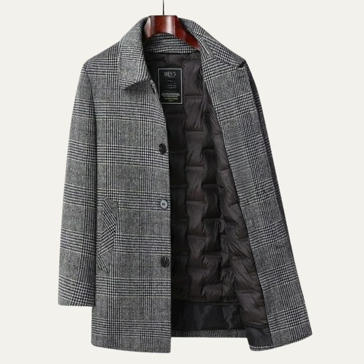 Mens Wool Blend Overcoat with Quilted Lining Plaid Pattern