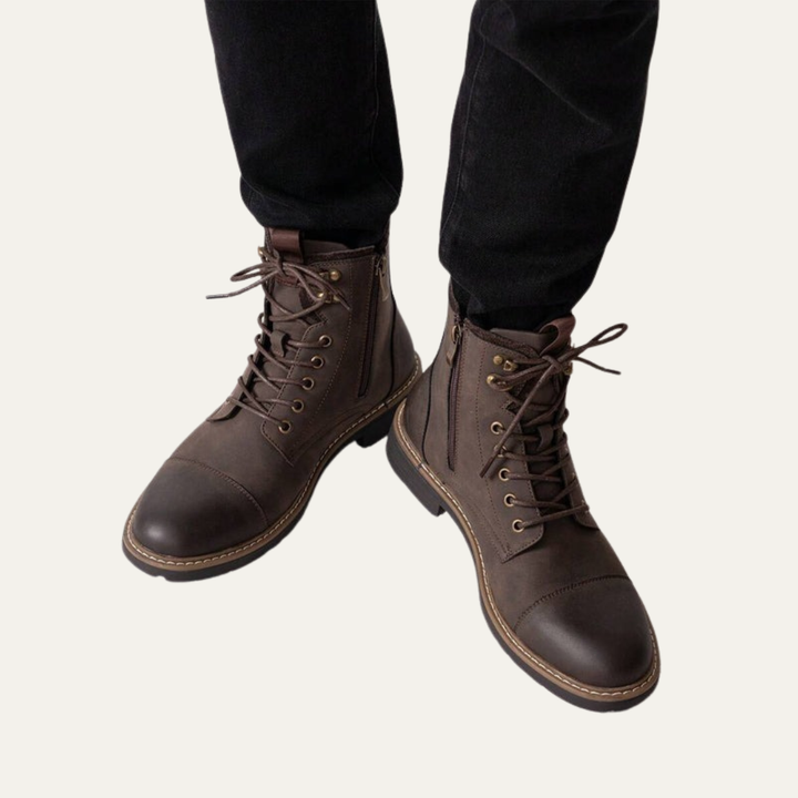 Mens Ankle Boots Leather Cap Toe Lace-Up Combat Style