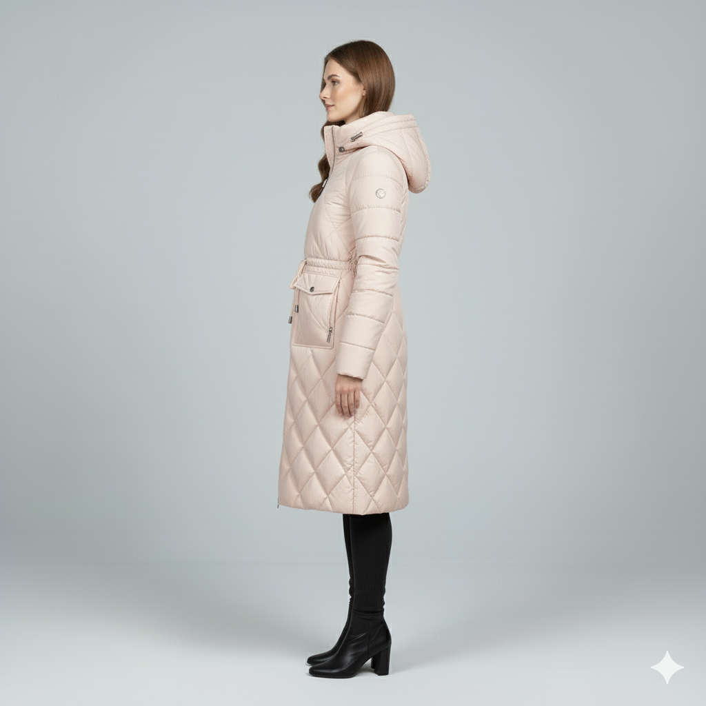 Womens Quilted Padded Jacket with Hood Knee-Length Fit