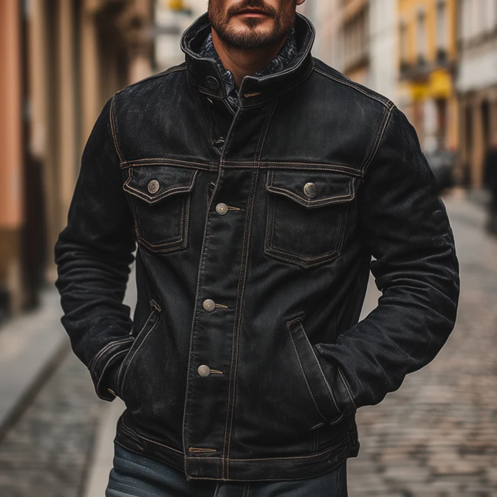 Mens Denim Jacket Vintage Washed Multi-Pocket Trucker Style