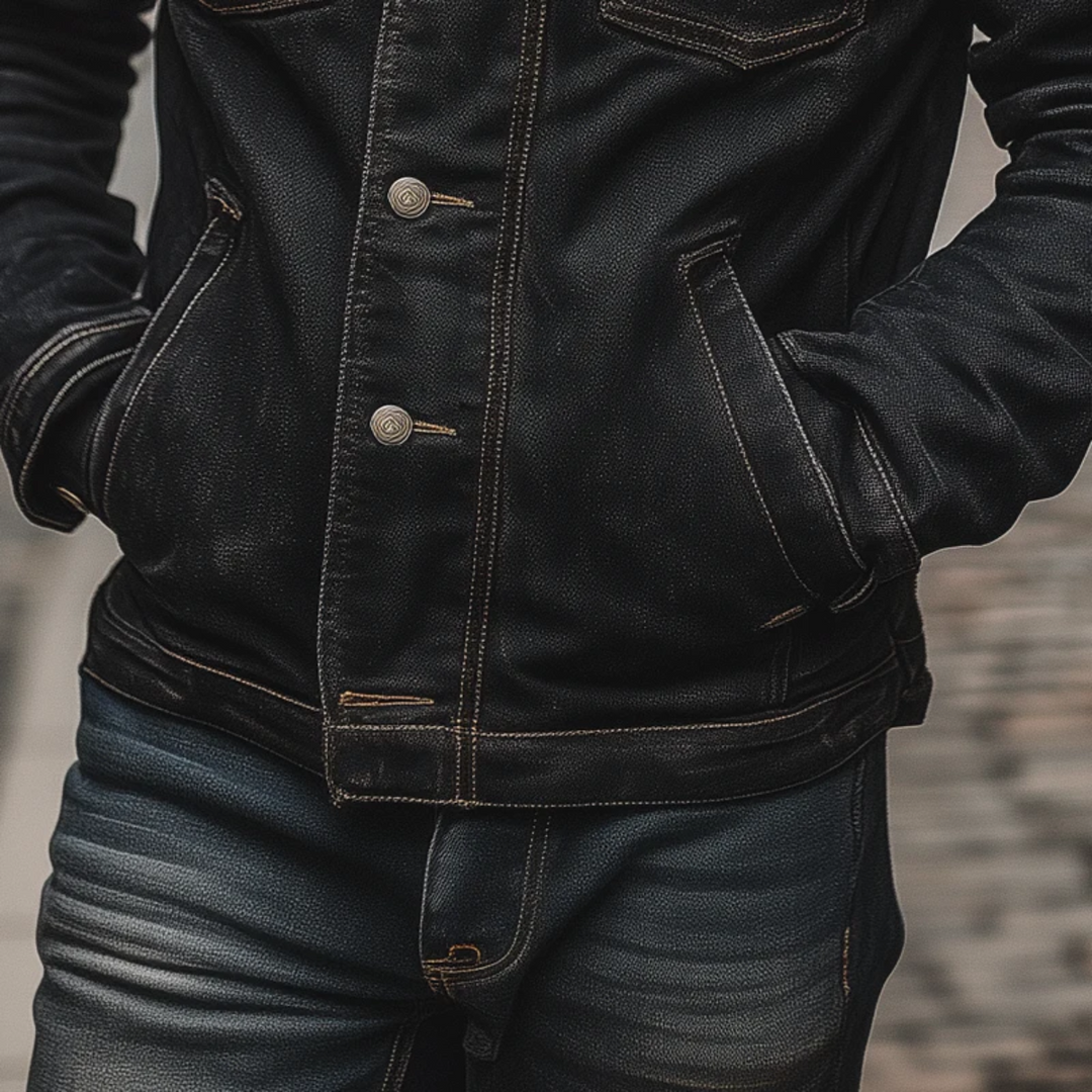 Mens Denim Jacket Vintage Washed Multi-Pocket Trucker Style