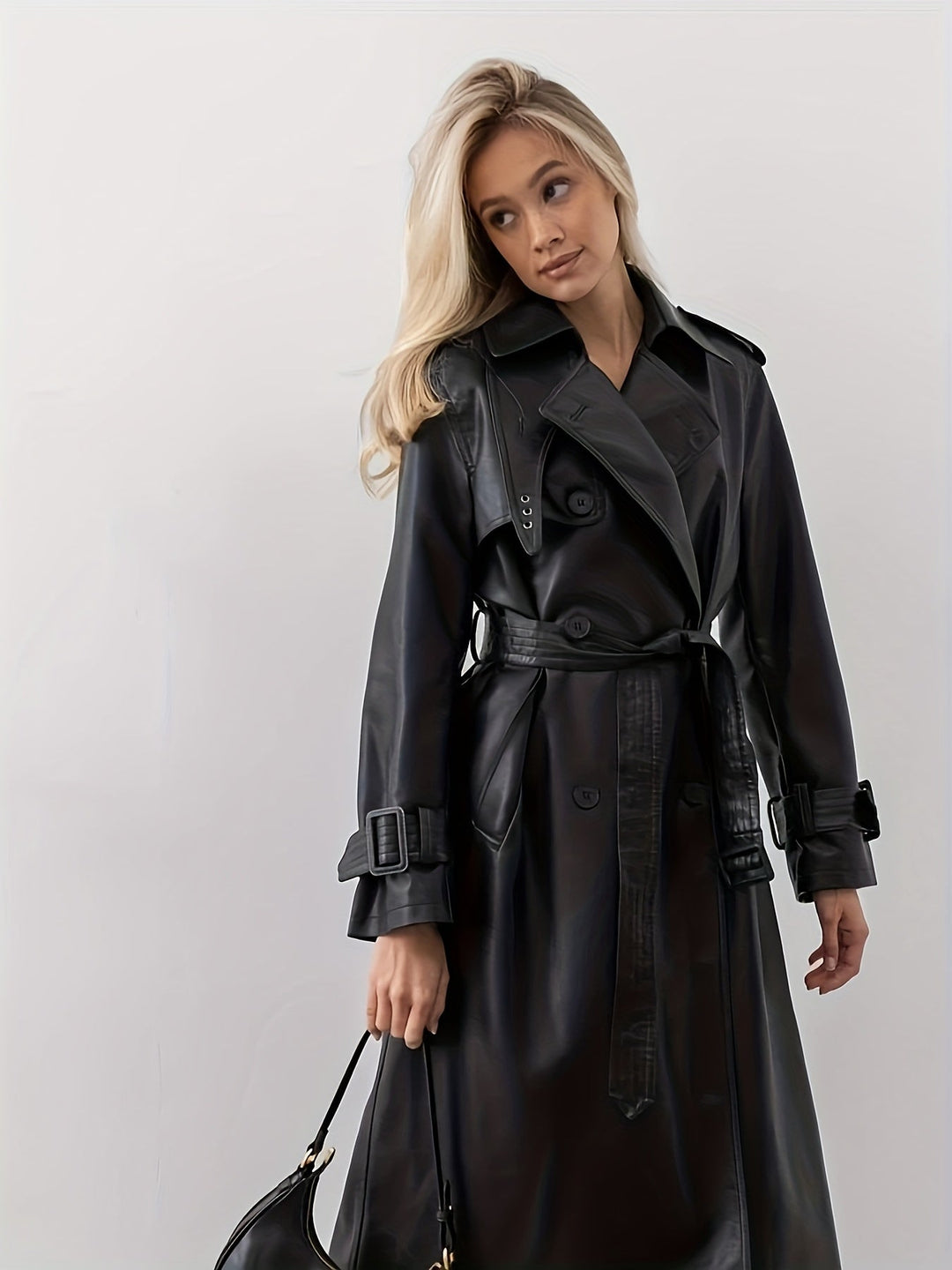 Womens Faux Leather Trench Coat Classic Fit - BritishMode