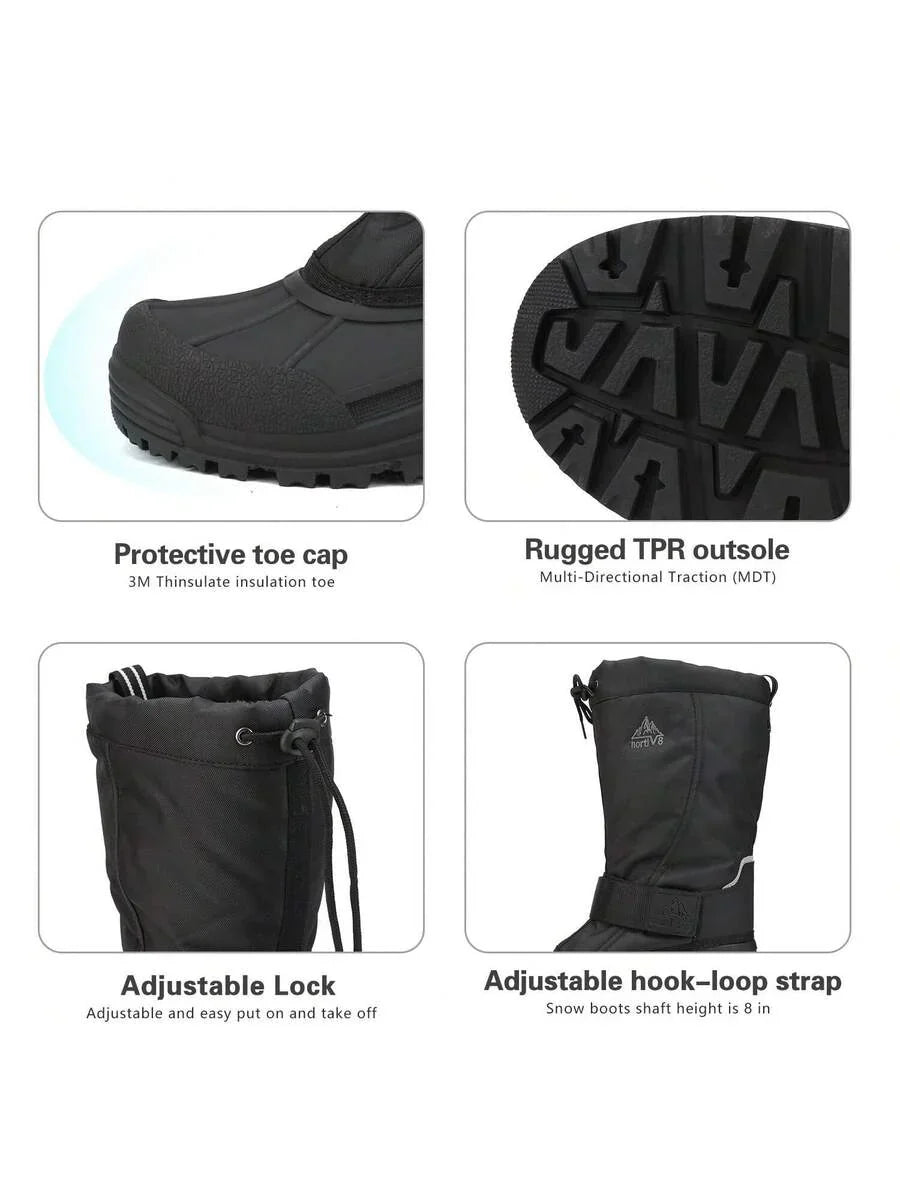 Mens Tall Winter Snow Boots with Strap and Drawstring Closure