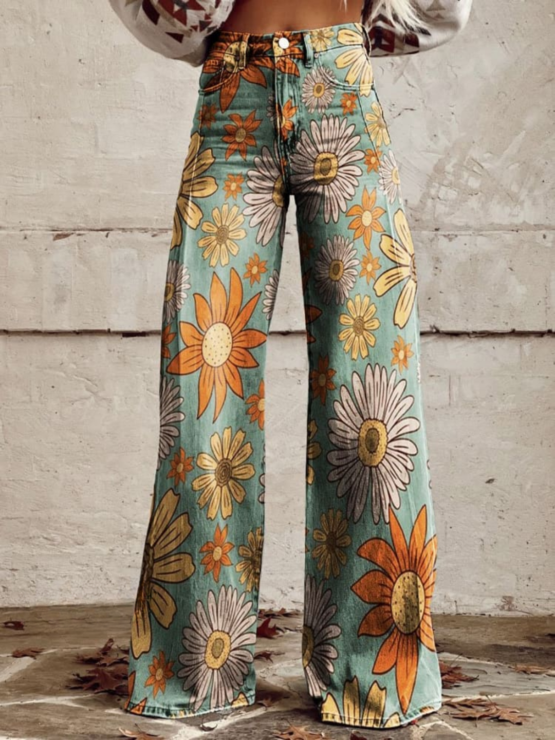 Womens Wide-Leg Jeans Floral Print Relaxed Fit - BritishMode