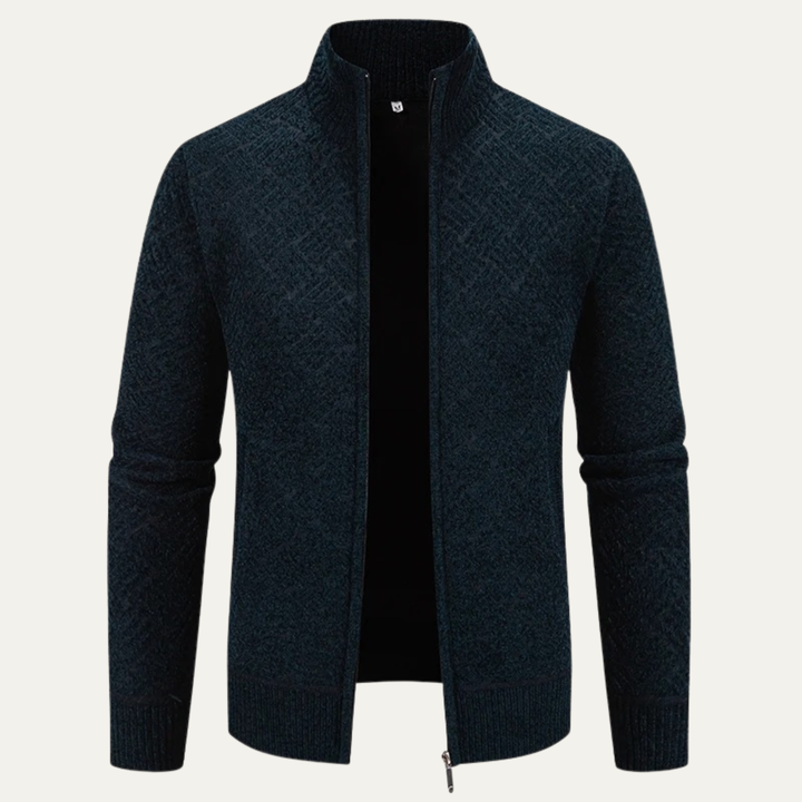 Mens Knit Jacket Diamond Pattern Stand Collar Elegant Fit