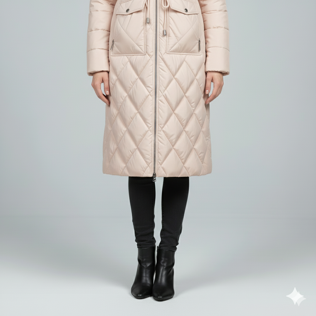 Womens Quilted Padded Jacket with Hood Knee-Length Fit