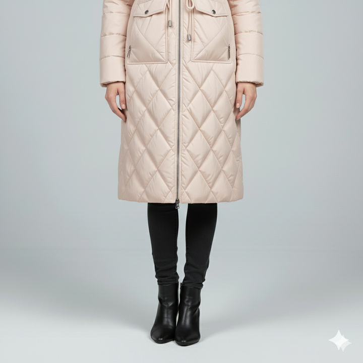 Womens Quilted Padded Jacket with Hood Knee-Length Fit