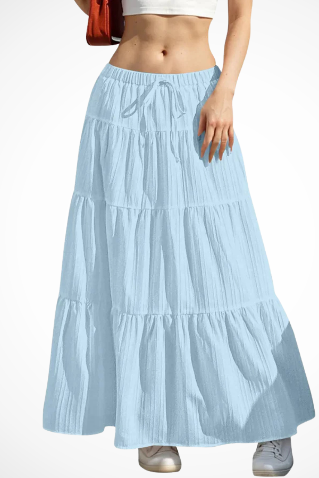 Womens Maxi Skirt Elastic Waist Drawstring Tiered Boho Style