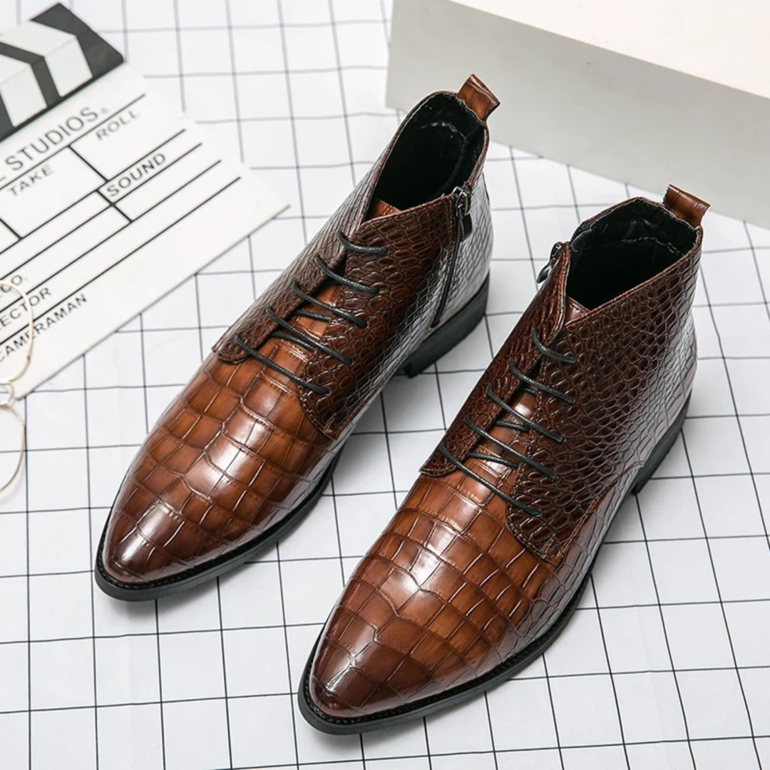 Mens Leather Ankle Boots Crocodile Pattern Classic Fit