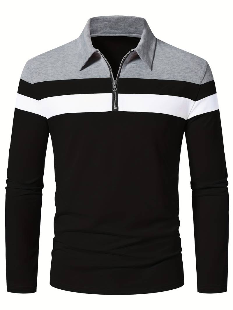 Mens Long Sleeve Polo Shirt Zip-Up Collar - BritishMode