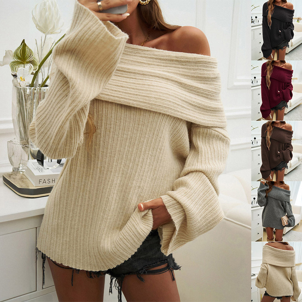 Womens Off-Shoulder Knit Sweater Relaxed Fit - BritishMode