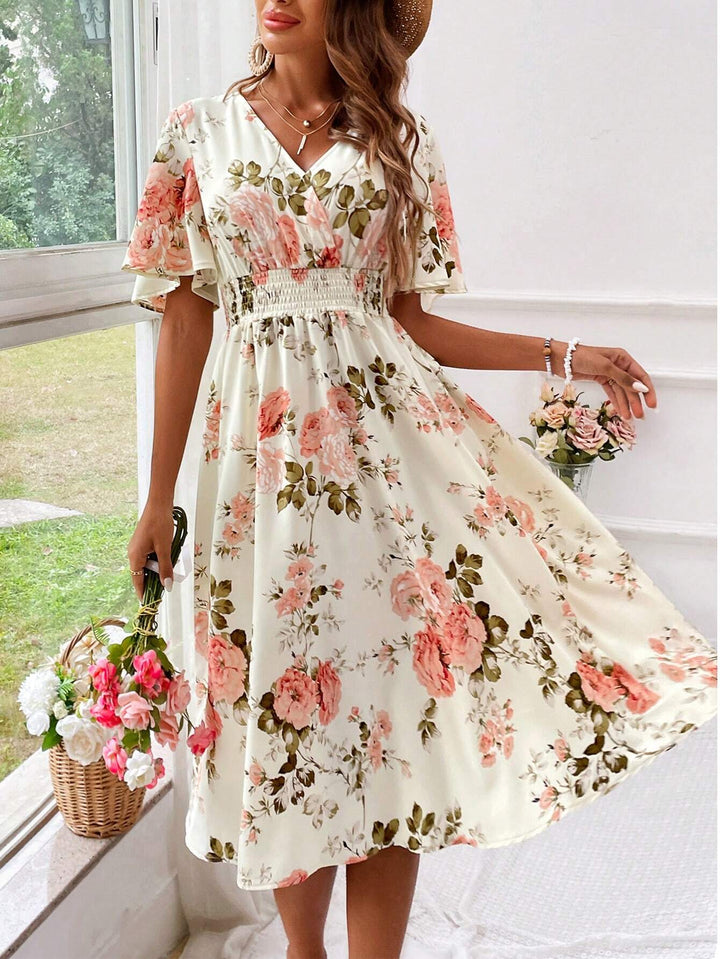 Womens Summer Dress V-Neck Floral Print - BritishMode
