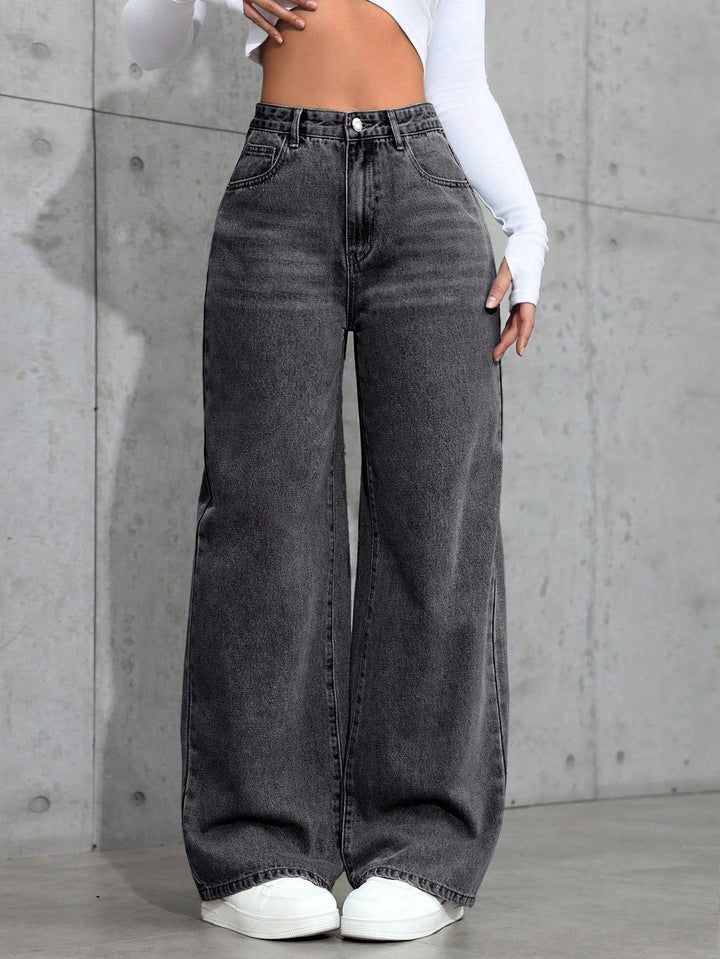 Womens Casual Jeans High Waist Wide Leg Fit - BritishMode