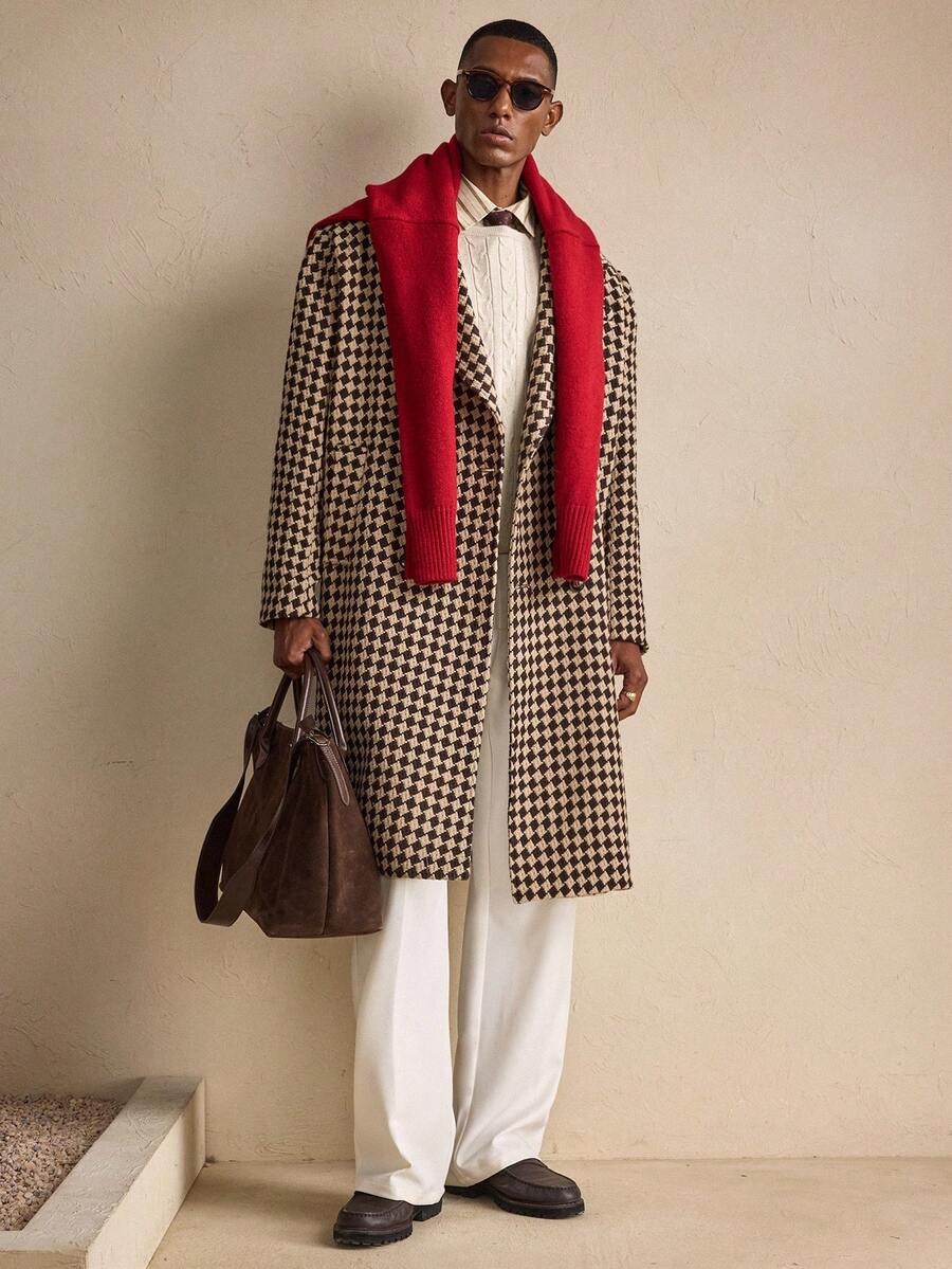 Womens Oversized Wool Coat Plaid Pattern Relaxed Fit