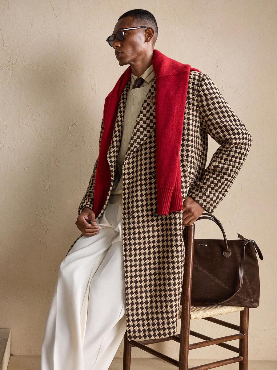 Womens Oversized Wool Coat Plaid Pattern Relaxed Fit