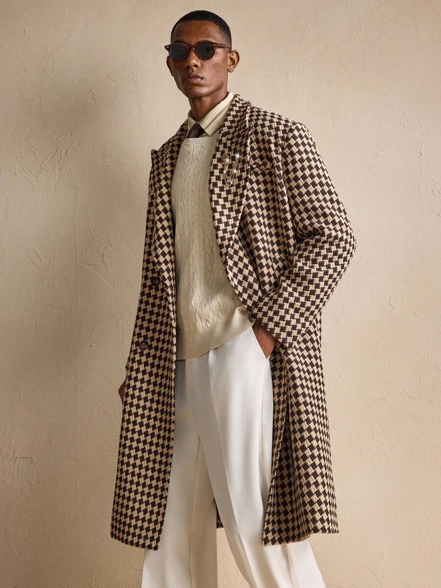 Womens Oversized Wool Coat Plaid Pattern Relaxed Fit