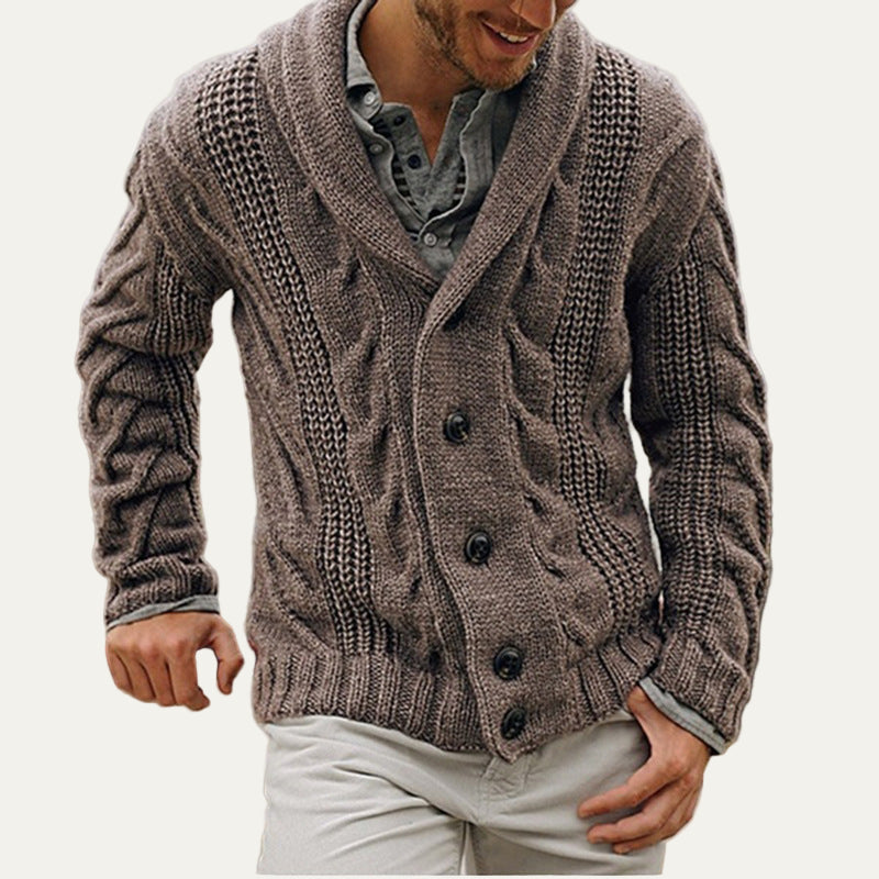 Mens Cable Knit Cardigan Thick Shawl Collar