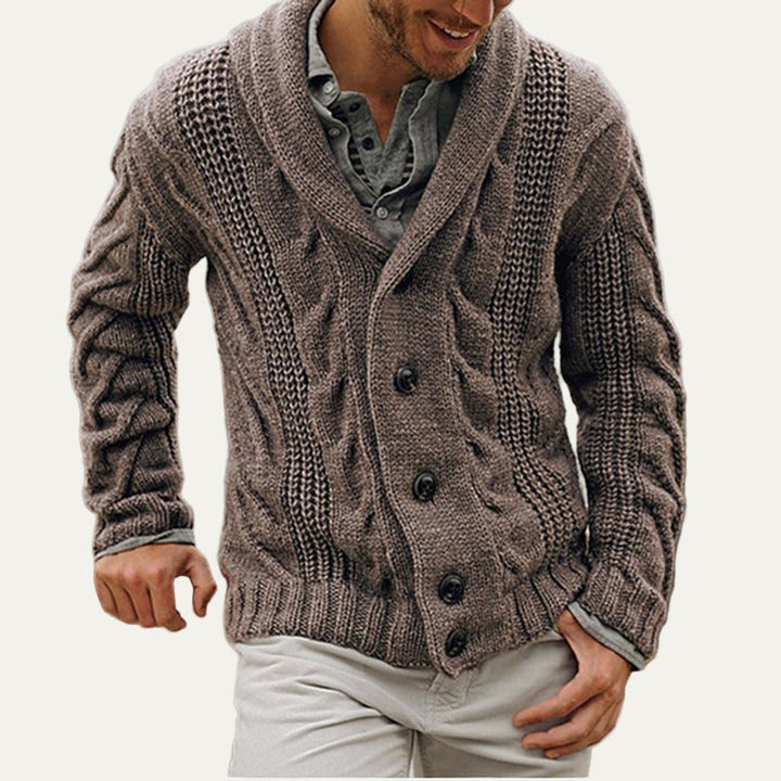 Mens Cable Knit Cardigan Thick Shawl Collar