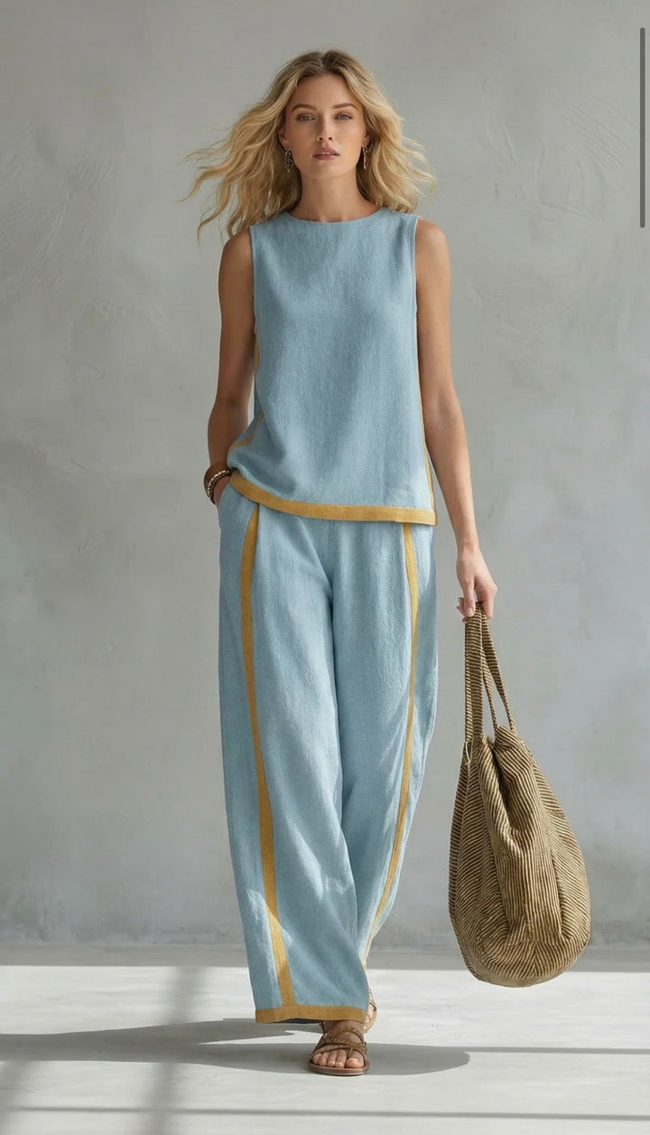 Womens Sleeveless Pants Set with Contrast Trim Wide Leg