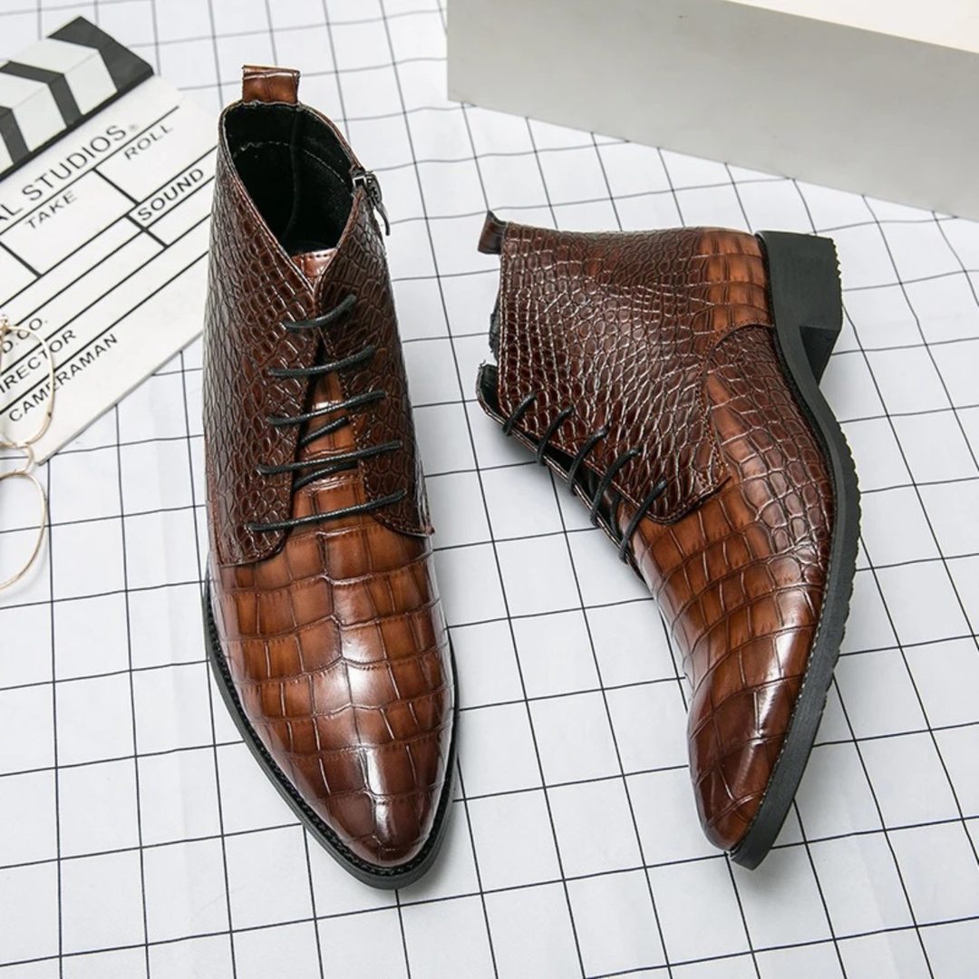 Mens Leather Ankle Boots Crocodile Pattern Classic Fit