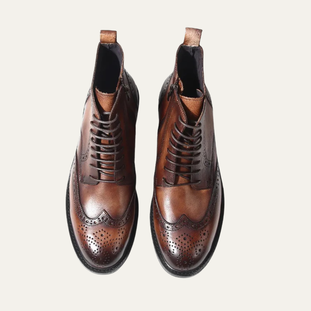 Mens Leather Brogue Dress Boots Lace-Up Style