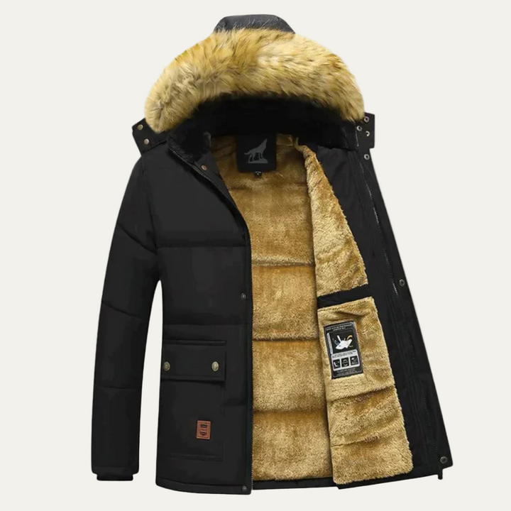 Mens Quilted Parka with Fur Hood Heavy Winter Coat