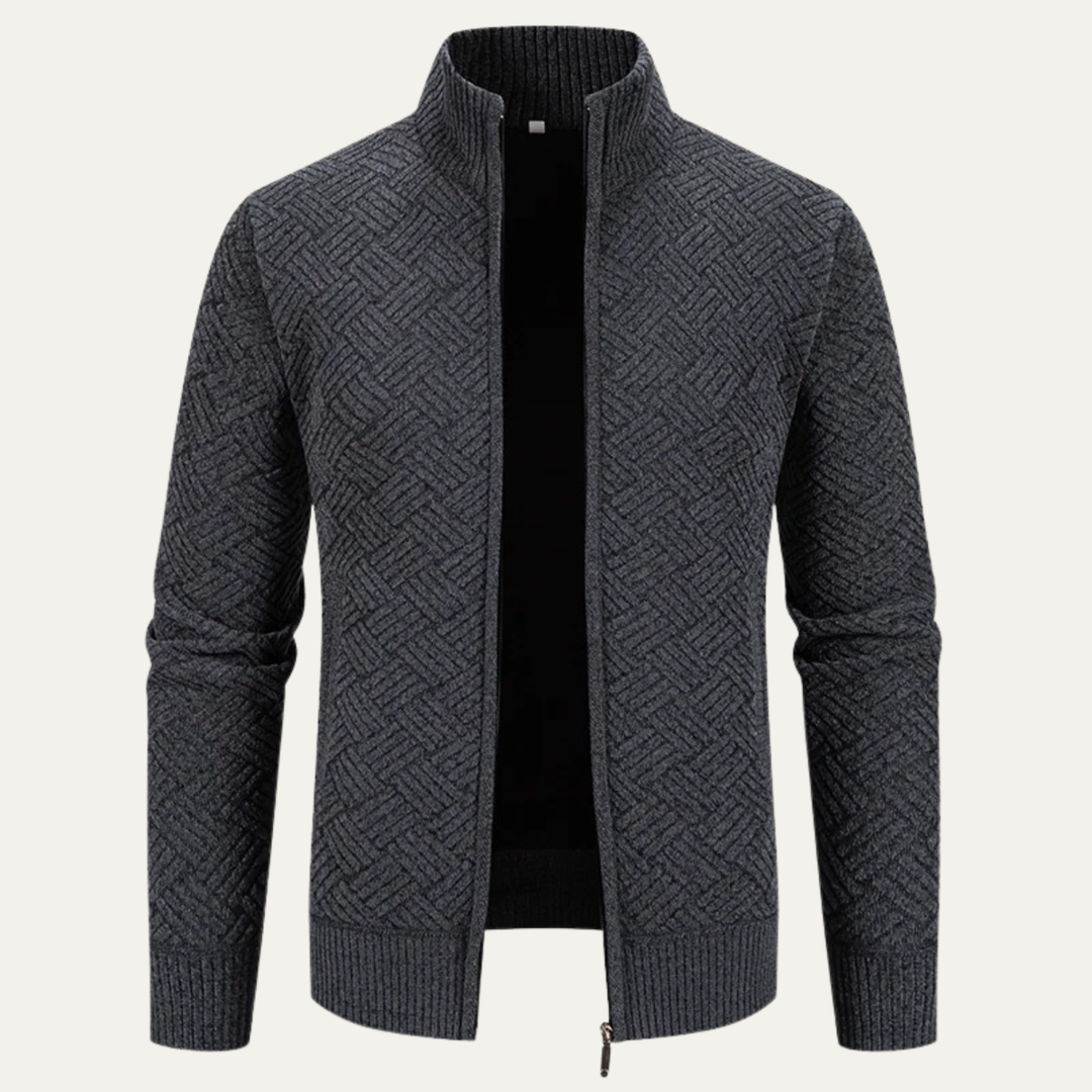 Mens Knit Jacket Diamond Pattern Stand Collar Elegant Fit