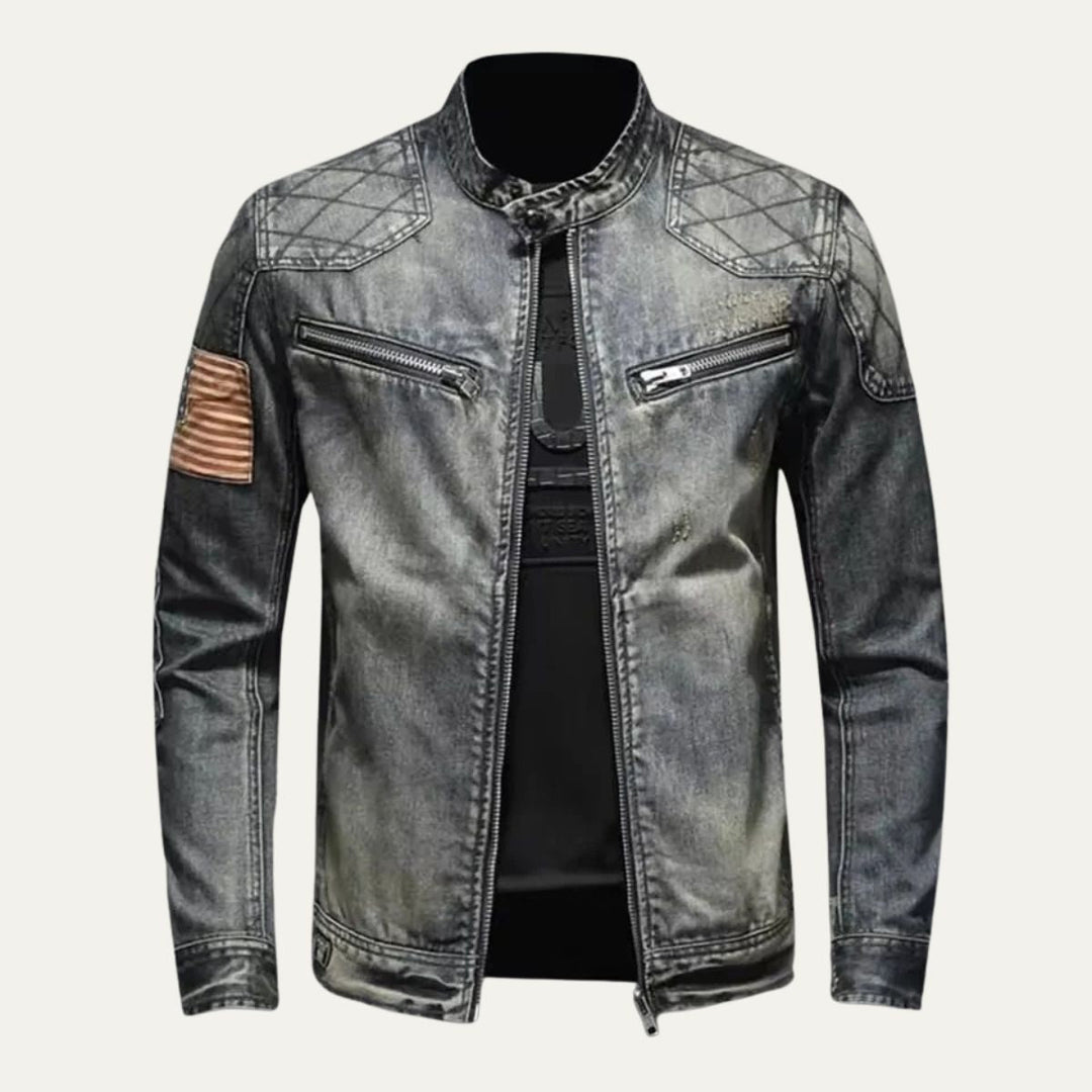 Mens Denim Jacket Slim Fit Zip Collar