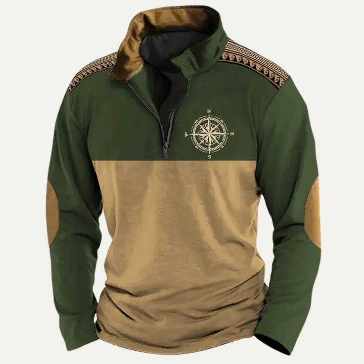 Mens Quarter Zip Jumper Embroidered Compass Vintage Style