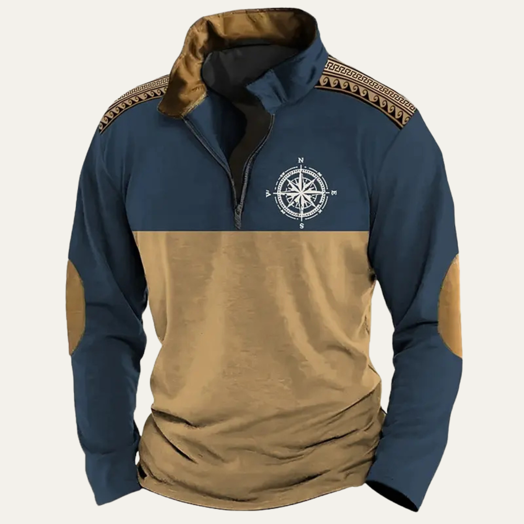 Mens Quarter Zip Jumper Embroidered Compass Vintage Style