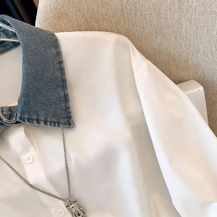 Womens Denim Shirt Long Sleeve Collared Button Down
