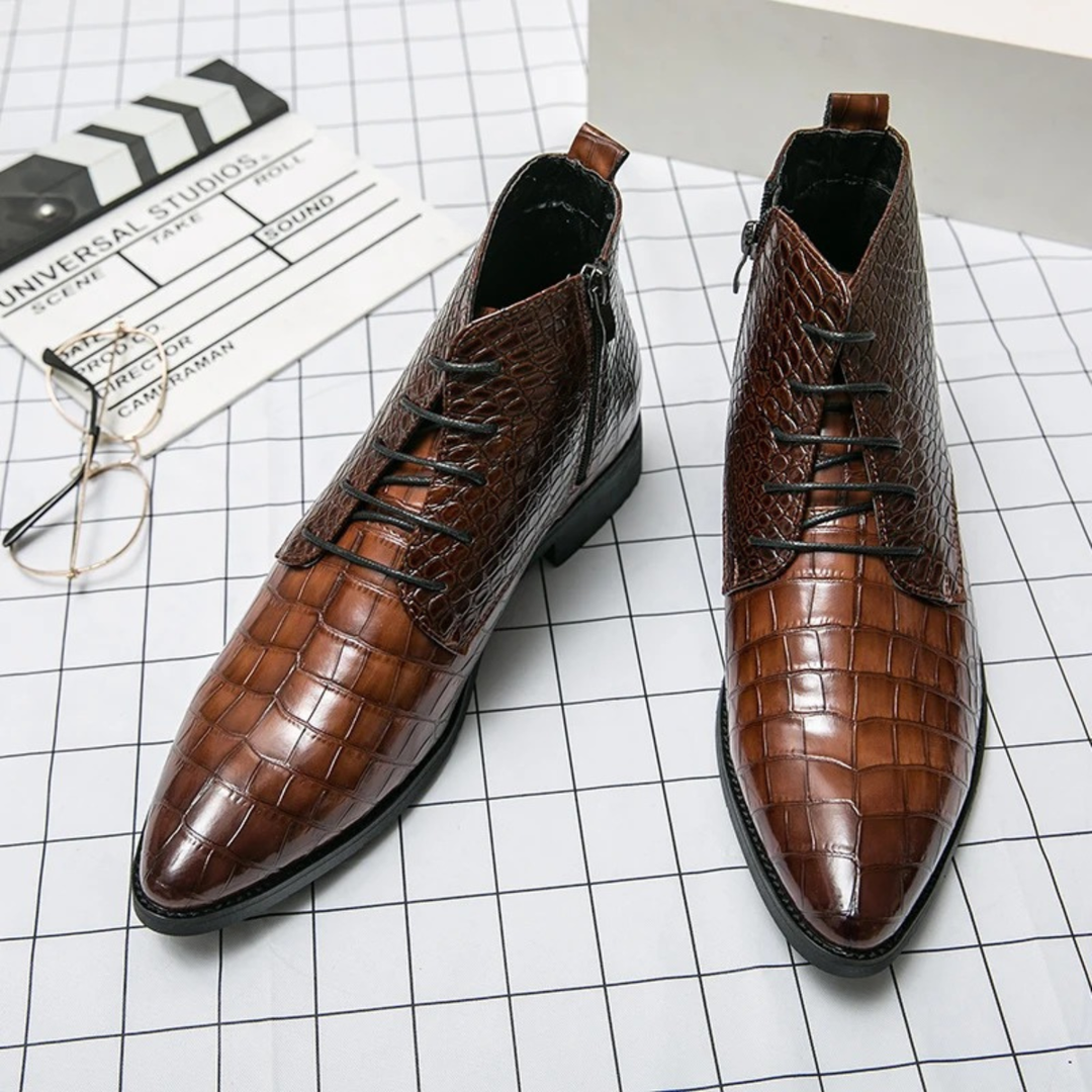 Mens Leather Ankle Boots Crocodile Pattern Classic Fit