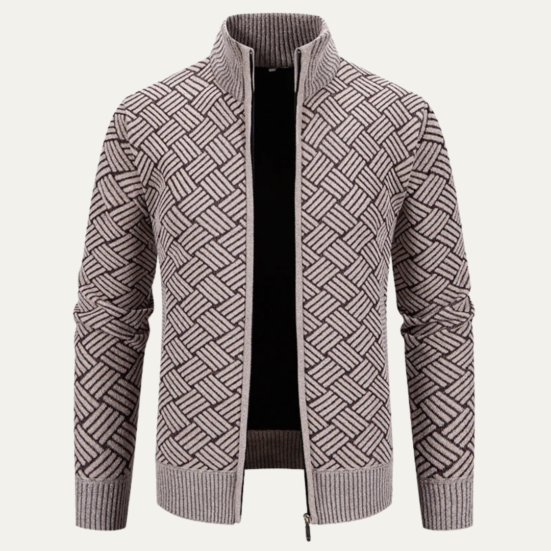 Mens Knit Jacket Diamond Pattern Stand Collar Elegant Fit
