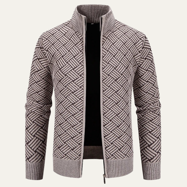 Mens Knit Jacket Diamond Pattern Stand Collar Elegant Fit
