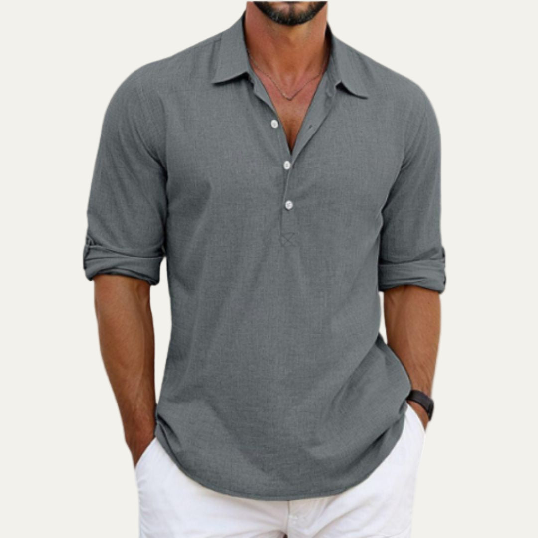 Mens Linen Blend Shirt Relaxed Fit Button Placket - BritishMode