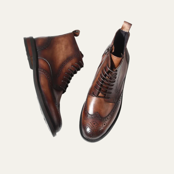 Mens Leather Brogue Dress Boots Lace-Up Style