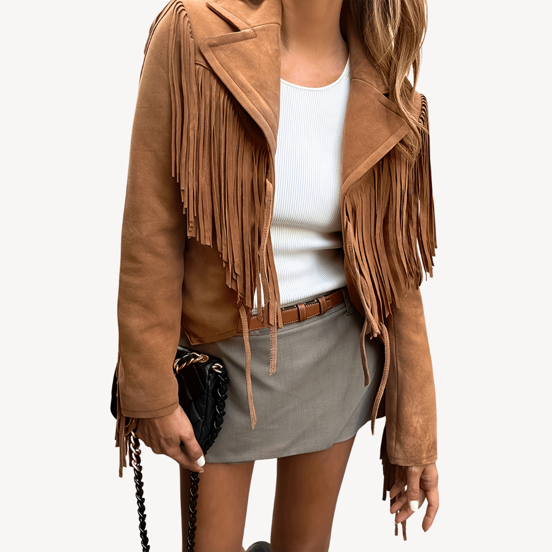 Womens Suede Jacket with Fringe Detail - BritishMode