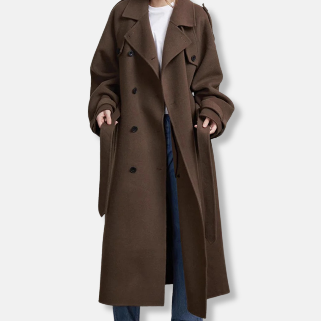 Womens Trench Coat Wool Blend Oversized Double Breasted Belted - BritishMode