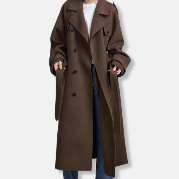 Womens Trench Coat Wool Blend Oversized Double Breasted Belted - BritishMode