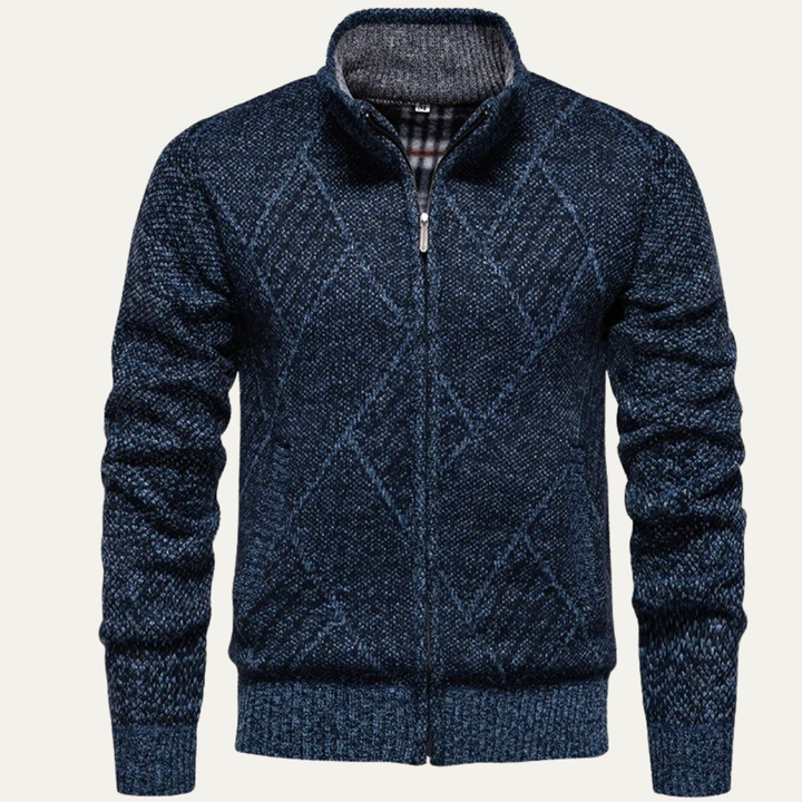 Mens Knit Fleece Zip Cardigan Diamond Pattern