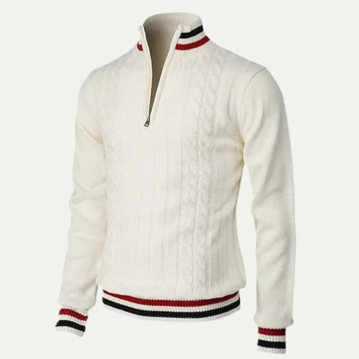 Mens Cable Knit Quarter Zip Sweater Contrast Trim Regular Fit - BritishMode