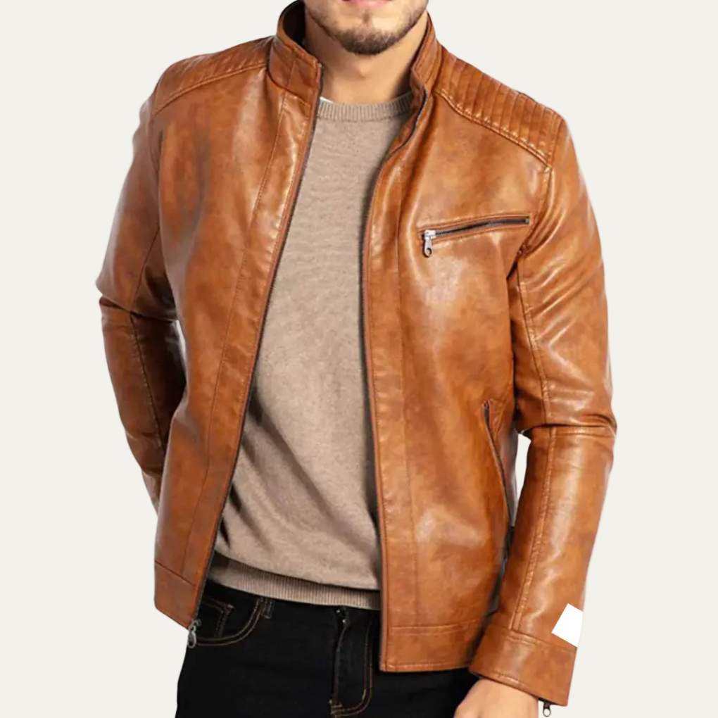 Mens Biker Jacket Faux Leather Stand Collar - BritishMode
