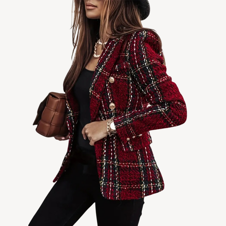 Womens Tweed Blazer Plaid Pattern Classic Fit - BritishMode