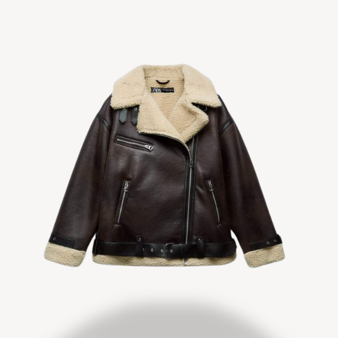 Womens Aviator Jacket Faux Shearling Material Relaxed Fit - BritishMode