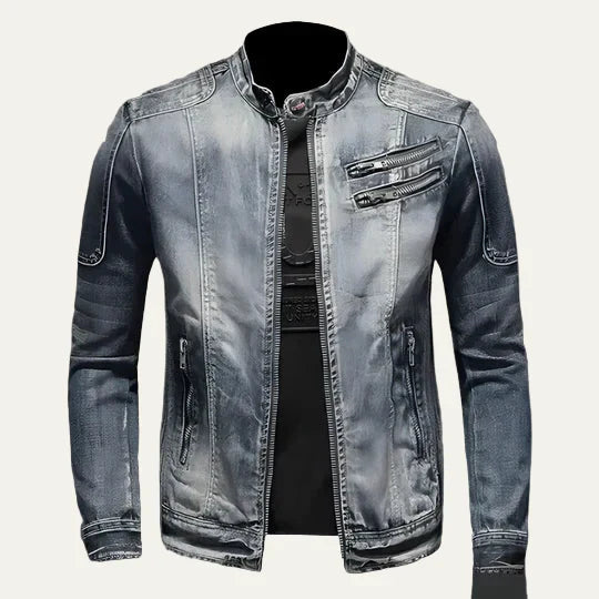 Mens Denim Biker Jacket Distressed Slim Fit
