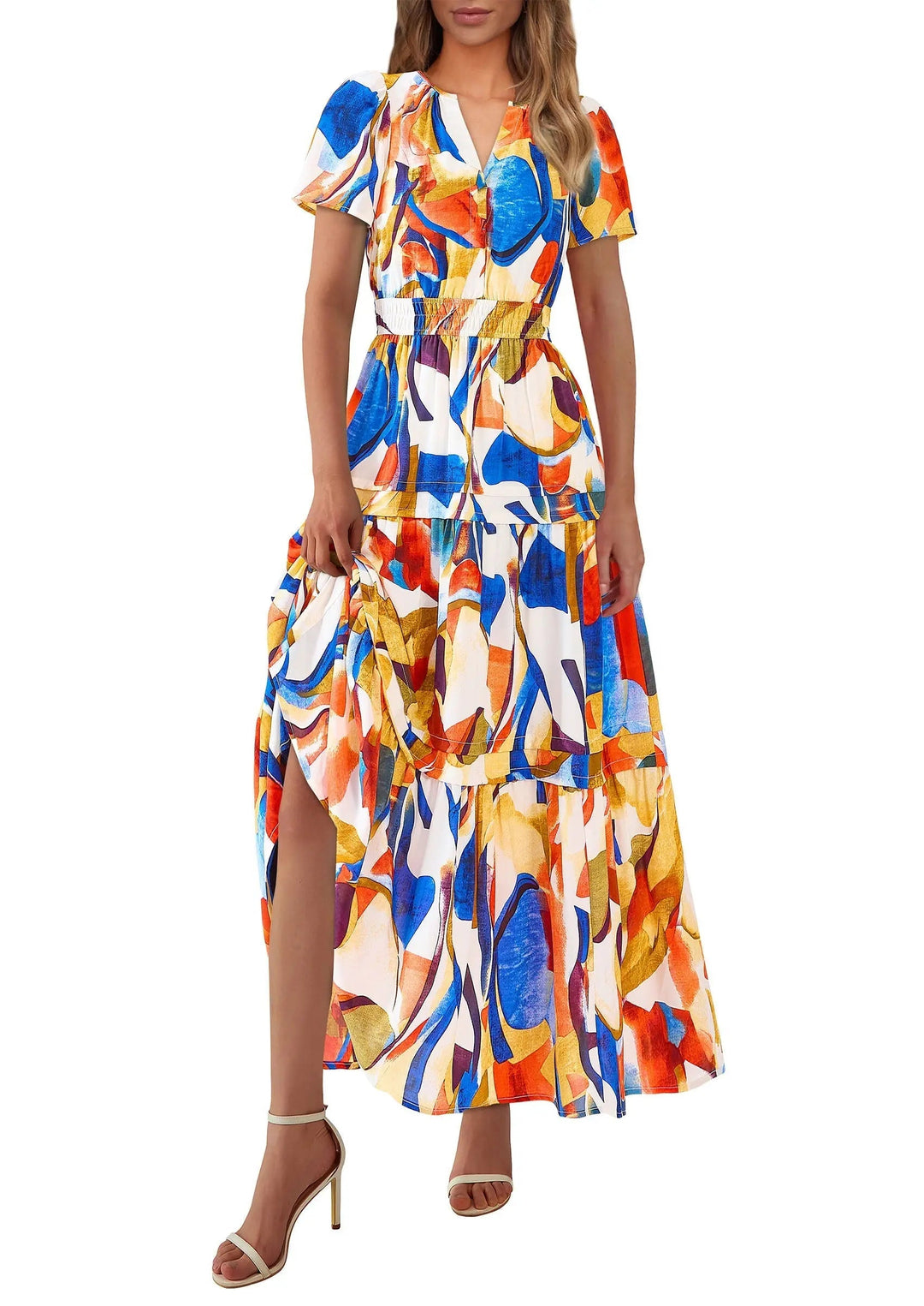Womens Maxi Dress Floral Boho V-Neck Short Sleeve Flowy A-Line