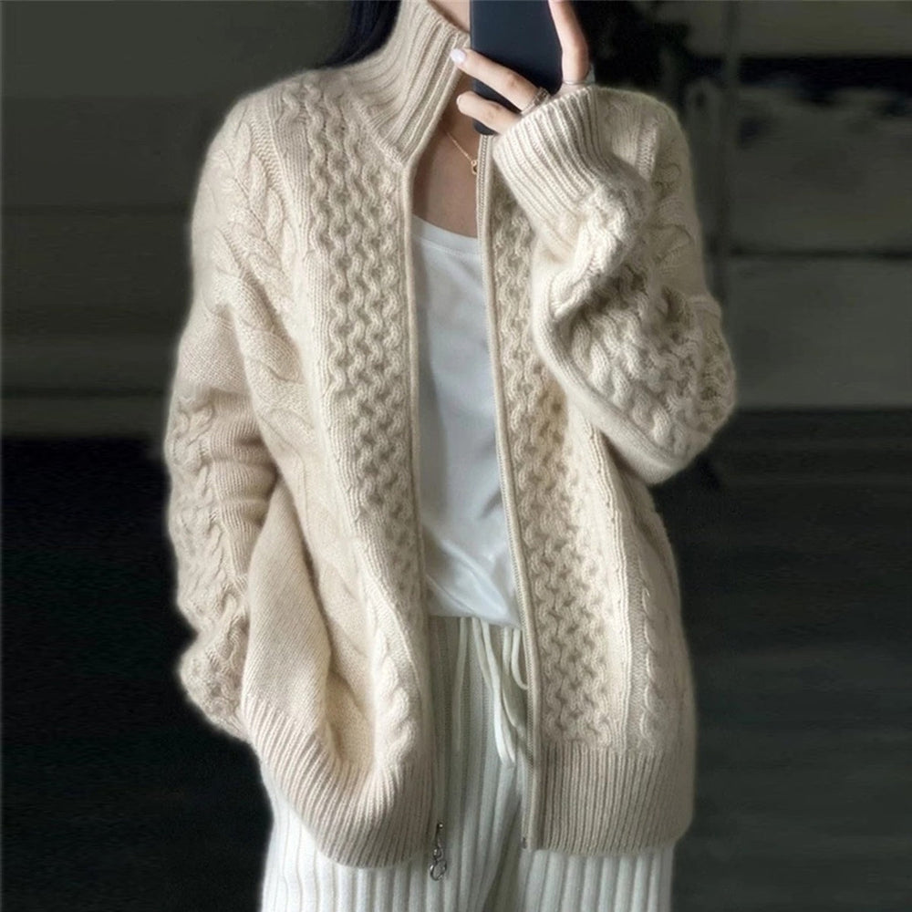 Womens Cable Knit Zip Cardigan Sweater Cozy Fit
